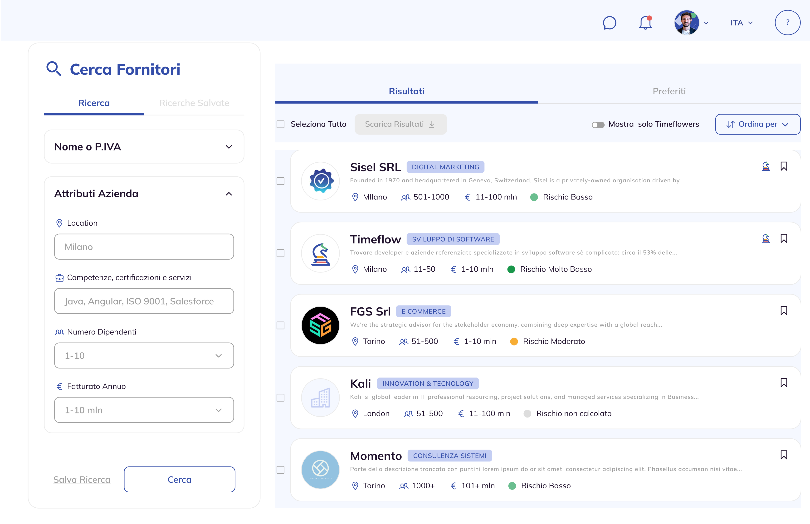 Interfaccia della piattaforma per la ricerca e selezione di fornitori IT. Elenco di aziende fornitrici con dettagli su dimensione, settore, rischio e fatturato annuo.