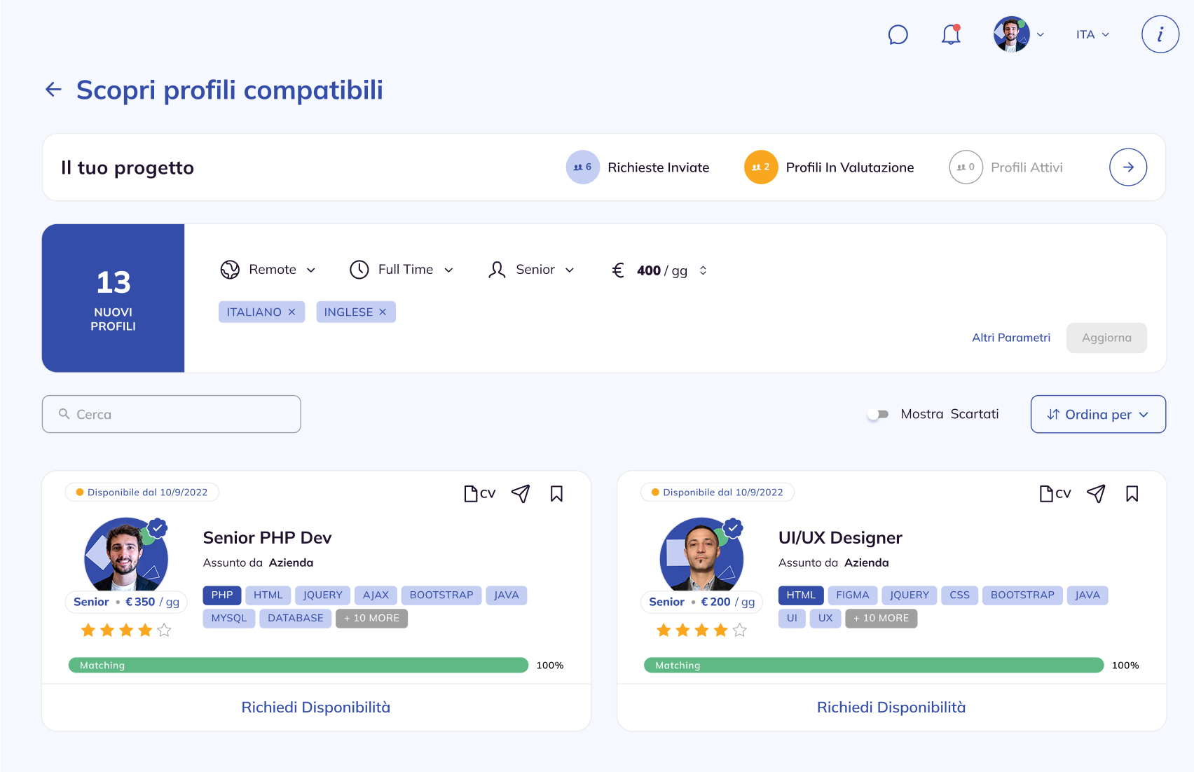 Interfaccia della piattaforma per la ricerca di profili IT compatibili. Mostra un elenco di talenti disponibili, con dettagli su competenze e tariffa giornaliera.