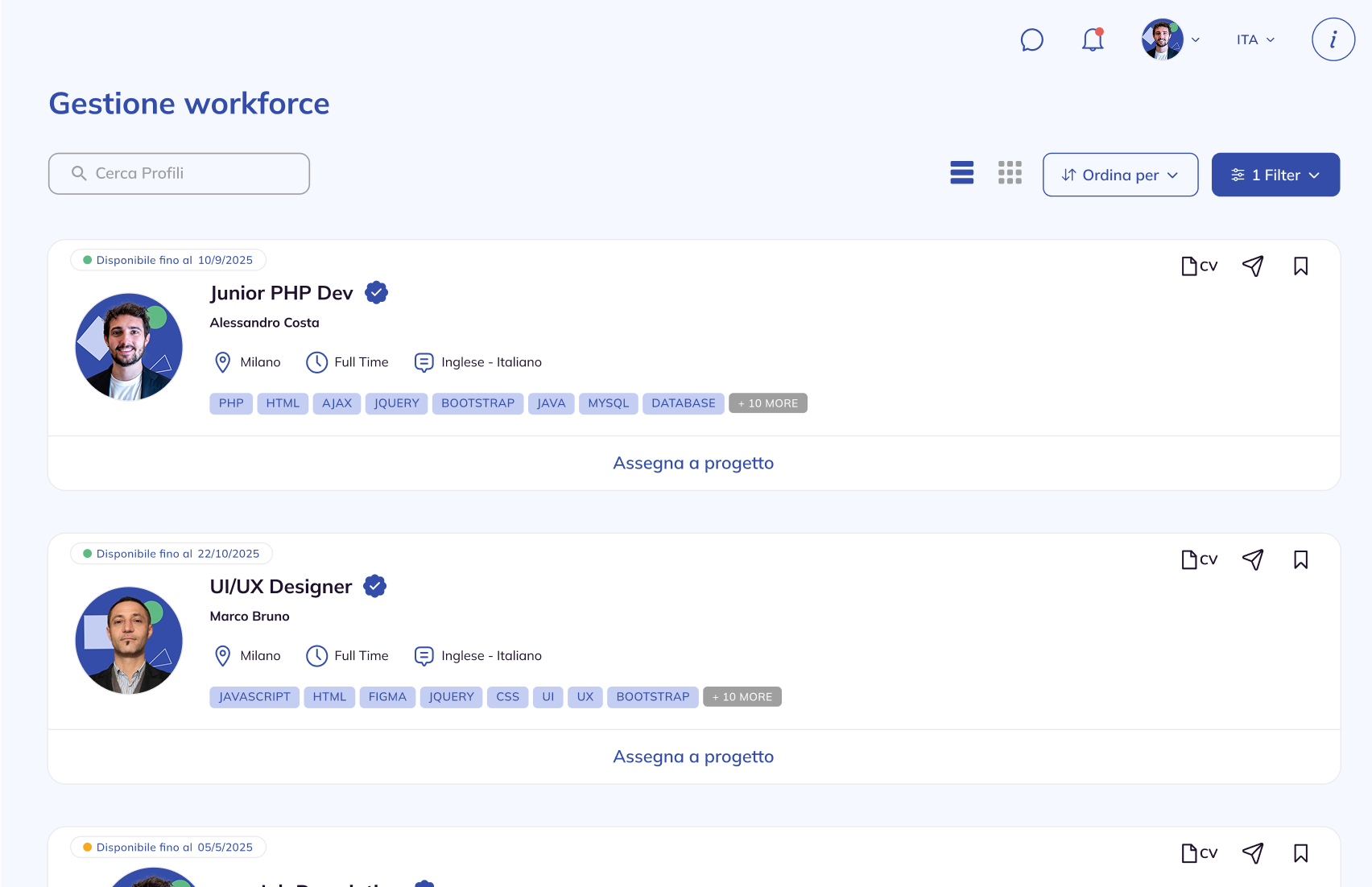 Interfaccia della piattaforma di gestione workforce con profili di talenti IT disponibili e competenze tecniche